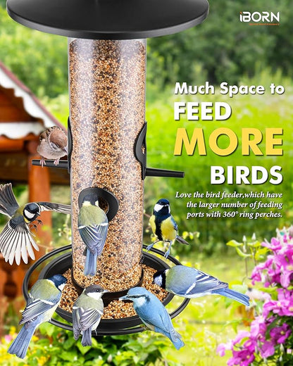 iBorn Metal Bird Feeders for Outdoors, 2LB Bird Seed Feeder 17cm Large Roof &Tray, 4 Feeding Ports, Black Finish