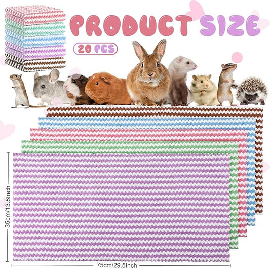Moukeren 20Pcs Guinea Pig Fleece Bedding Blankets Bulk Washable Small Animal Fleece Cage Liners Pet Wash Cloth Sleeping Mat Cover for Hamster Chinchilla Rabbit Hedgehog(Multicolor, 14 x 30 Inch)