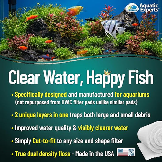 Aquatic Experts Aquarium Filter Floss for Fish Tank Filters - FilterFirst Aquarium Filter Pad - Media Roll for Crystal Clear Water, 3/4" - 1" Thick (12 Inch Wide, 12 Feet Long)