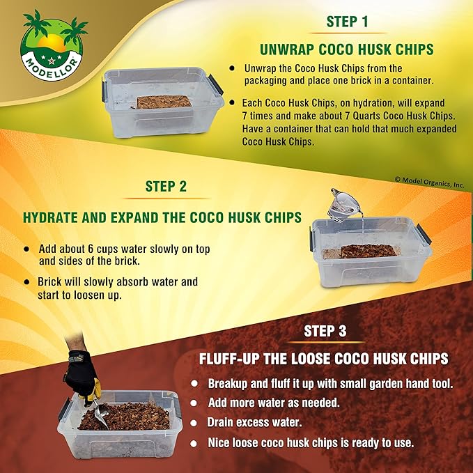 MODELLOR Premium Super Washed, Clean, Coco Chips, 2 Bricks (2.2 lb.) yields 14 Qts. of Loose Chips. Reptile Bedding, Organic, Odor Absorbing, Grow Orchids, Mulch Indoor, Outdoor.