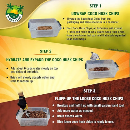 MODELLOR Premium Super Washed, Clean, Coco Chips, 2 Bricks (2.2 lb.) yields 14 Qts. of Loose Chips. Reptile Bedding, Organic, Odor Absorbing, Grow Orchids, Mulch Indoor, Outdoor.