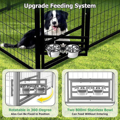 HITTITE 8x4x6 FT Large Outdoor Dog Kennel, Expandable Modular Dog Kennel Outside with Rotate Feeding Door, Heavy Duty Welded Wire Steel Dog Run Dog Playpen Fence with Black Roof Cover for Backyard