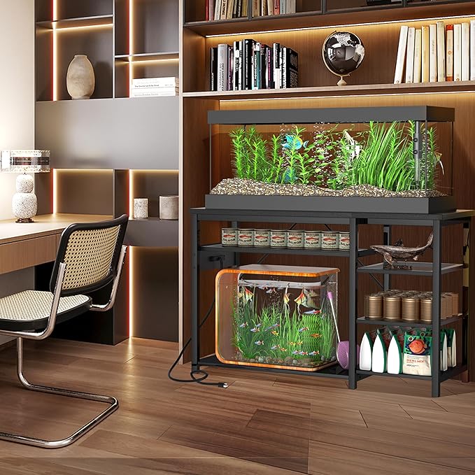 55-75 Gallon Fish Tank Stand: Heavy Duty Aquarium Stand with Power Outlets and Cabinet for Fish Tank Accessories Storage - Metal Frame, 1200LBS Capacity, Suitable for Fish & Reptile Terrariums