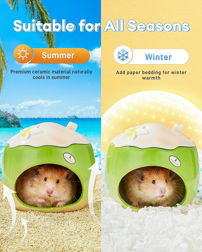 BUCATSTATE Coconut Shape Ceramic Hamster Hideout with Removable Lid & Ice Compartment - All-Season Cool Bed for Dwarf Hamster, Gerbil, Mice, Golden Bear - Large Green Small Pet House Habitat
