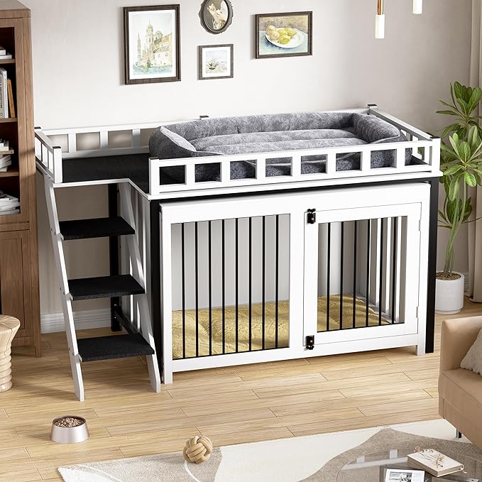 PAKASEPT Dog Crate Furniture, Pet Bunk Bed with Stairs and Storage, Dogs/Cats Window Perch, with Multi-Purpose Blanket and Fluffy Dog Bed for Small Medium Size (55.1L x 28.5" W x 37.4" H)