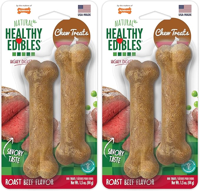 Nylabone Healthy Edibles Natural Dog Chews Long Lasting Roast Beef Flavor Treats for Dogs, X-Small/Petite (2 Count) (Pack of 2)