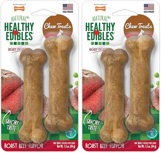 Nylabone Healthy Edibles Natural Dog Chews Long Lasting Roast Beef Flavor Treats for Dogs, X-Small/Petite (2 Count) (Pack of 2)