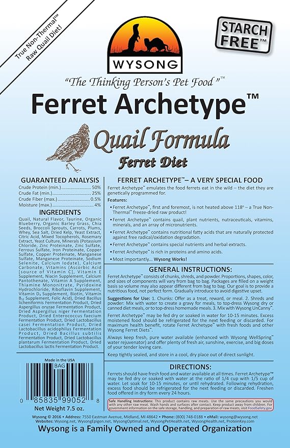 Wysong 858053 Ferret Archetype Quail Formula - Raw Ferret Food - 7.5 Ounce Bag