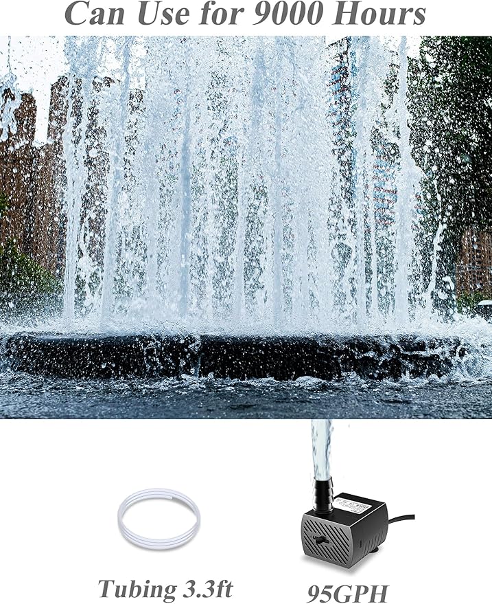 alizzy 100GPH Small Submersible Water Pump(360L/H, 5w), Ultra Quiet Water Fountain Pump with 3ft. High Lift and 6ft. power cord for Aquarium, Fish Tank, Water Feature, Pet Fountain and Hydroponics