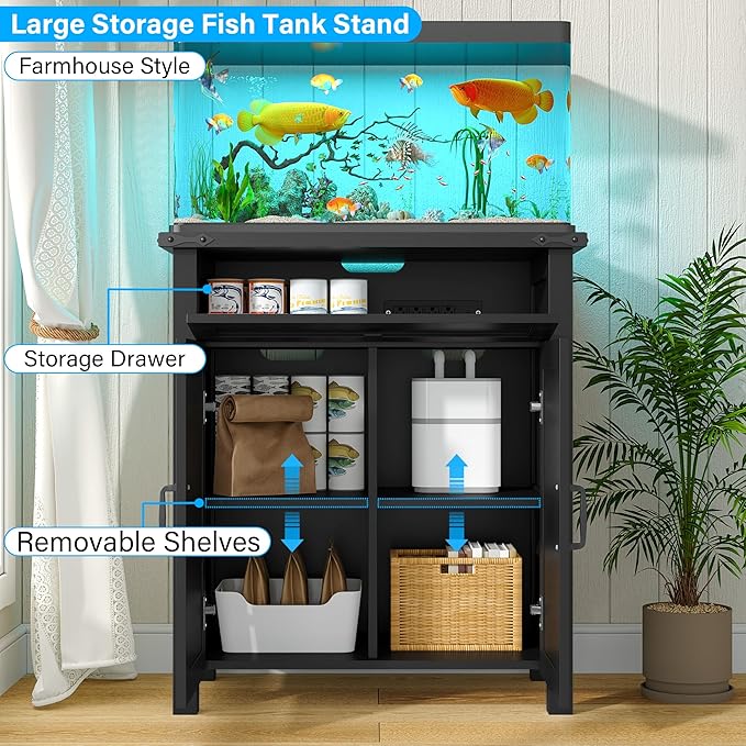 20 Gallon Fish Tank Stand with Power Outlets, Farmhouse Decorative Aquarium Stand Furniture with Adjustable Shelves, 10-20 Gallon Reptile Turtle Tank Stand with Cabinet Storage (Black, 20GL)