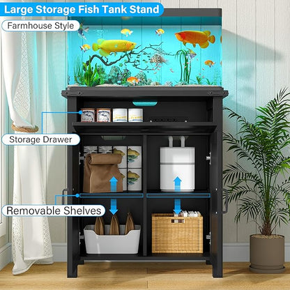 20 Gallon Fish Tank Stand with Power Outlets, Farmhouse Decorative Aquarium Stand Furniture with Adjustable Shelves, 10-20 Gallon Reptile Turtle Tank Stand with Cabinet Storage (Black, 20GL)
