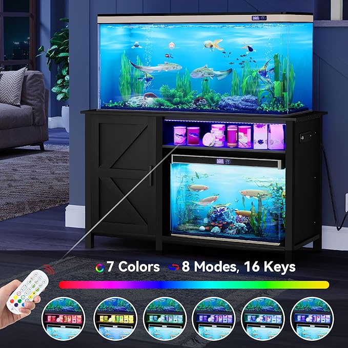 YITAHOME Aquarium Stand with Power Outlets, 55-75 Gallon Fish Tank Stand, Cabinet with RGB Light Strip Suitable for Turtle Tank, Reptile Terrarium, 900LBS Capacity, Black