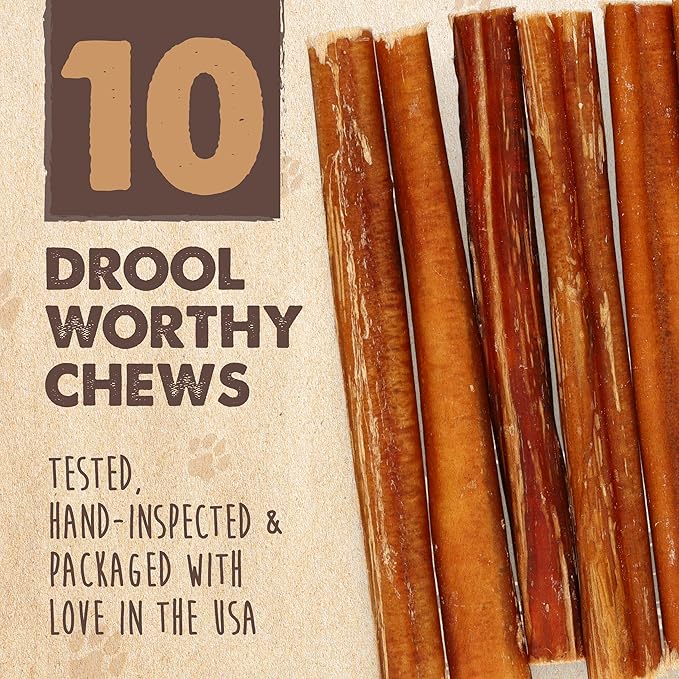 Mighty Paw Naturals Bully Sticks for Small & Medium Dogs - Grass Fed Beef Chews. Bully Sticks for Large Dogs. Lower Odor Stick Treat. Single Ingredient (6" - 10 Pack)