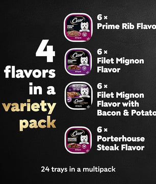 Cesar Wet Dog Food Steak Lovers Variety Pack with Real Meat, 3.5 oz. Trays (24 Count, Pack of 1)