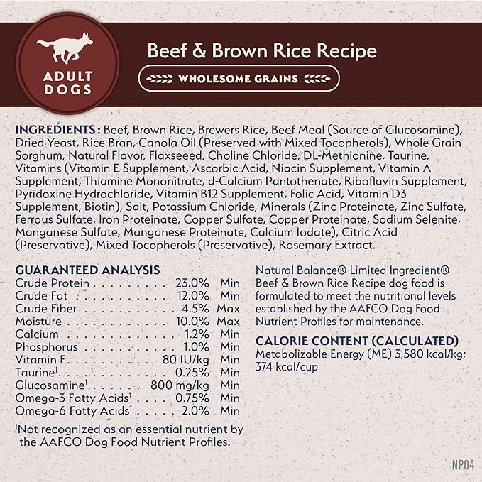 Natural Balance Limited Ingredient Adult Dry Dog Food with Healthy Grains, Beef & Brown Rice Recipe, 12 Pound (Pack of 1)