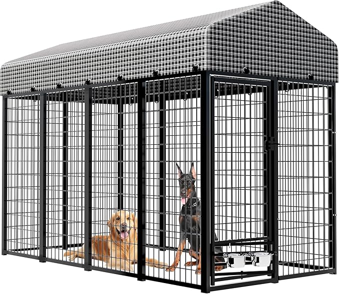 Large Dog Kennel Outside with Roof, Heavy-Duty Indoor Outdoor Dog Run Dog Enclosure with Removable Cover, Dog Pens Outside Playpen with Latch-Lock & Swivel Feeding Door, 4x8x6 Ft