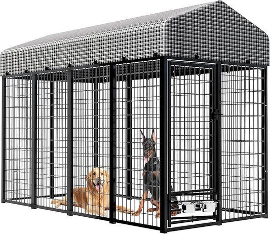 Large Dog Kennel Outside with Roof, Heavy-Duty Indoor Outdoor Dog Run Dog Enclosure with Removable Cover, Dog Pens Outside Playpen with Latch-Lock & Swivel Feeding Door, 4x8x6 Ft