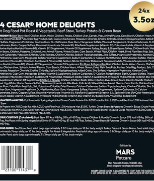 Cesar Home Delights Adult Wet Dog Food, Pot Roast with Spring Vegetables, Beef Stew, Turkey, Green Beans, & Potatoes, and Hearty Chicken & Noodle Variety Pack, 3.5 oz. (24 Count, Pack of 1)