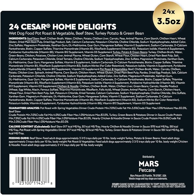 Cesar Home Delights Adult Wet Dog Food, Pot Roast with Spring Vegetables, Beef Stew, Turkey, Green Beans, & Potatoes, and Hearty Chicken & Noodle Variety Pack, 3.5 oz. (24 Count, Pack of 1)