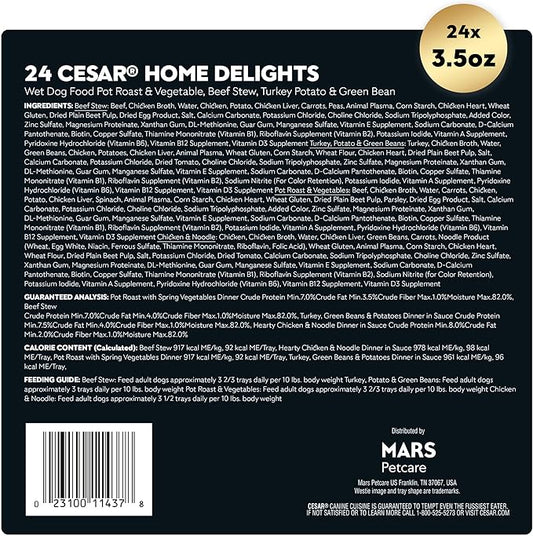 Cesar Home Delights Adult Wet Dog Food, Pot Roast with Spring Vegetables, Beef Stew, Turkey, Green Beans, & Potatoes, and Hearty Chicken & Noodle Variety Pack, 3.5 oz. (24 Count, Pack of 1)