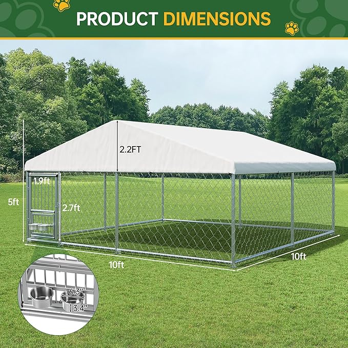 LotFun Large Outdoor Dog Kennel, 10 x 10 FT Heavy Duty Dog Enclosure with Rotated Dog Bowls, UV-Resistant Canopy Cover, Double Lock Security (10 x 10 x 5 in)