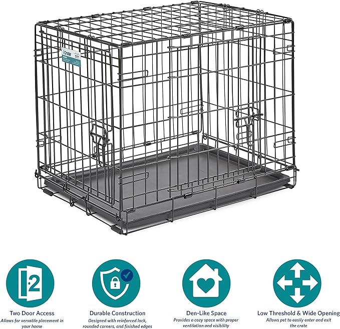 MidWest Homes for Pets 24-Inch Two-Door iCrate Folding Dog Crate with Divider Panel, Leak-Proof Tray & Secure Latches – Metal Wire Kennel for Small Breeds – Portable, Durable & Easy to Assemble