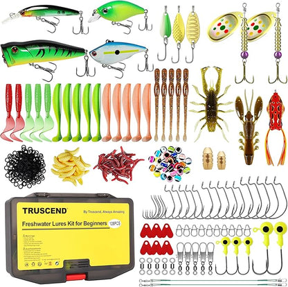 TRUSCEND Widely Used Fishing Tackle & Accessories Kit, Fishing Tackle Box with Tackle Included, Fishing Sinker Weight Hook Swivels Snap Leader Lures, Giftable Beginner Fishing Lures/Gear Set