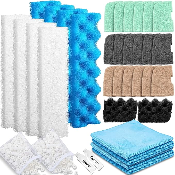 32 Pcs Filter Media Compatible with 406/407 Filters, Aquarium Replacement Maintenance Kit Including Biological Sponge, Ammonia/Phosphate/Nitrite Remover Pad, Aquarium Towel, Grease
