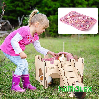 HIIMALEX Sturdy Guinea Pig Hideout with Ramp and Plush Bedding Wooden Castle for Guinea Pig Chinchilla Hedgehog Gerbil Hamster Rat House Habitat for Playing and Hiding