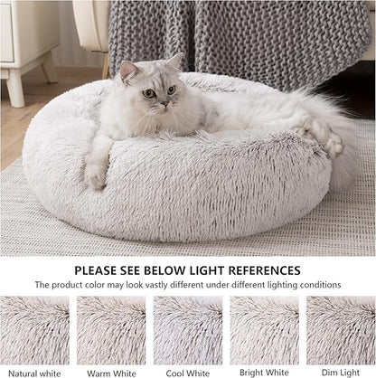 Love's cabin Calming Cat Bed for Indoor Cats, Anti-Anxiety Donut Round Dog Bed, Fluffy Faux Fur Washable Pet Bed for Small Medium Dogs and Cats,Tie-Dye/Coffee,20in