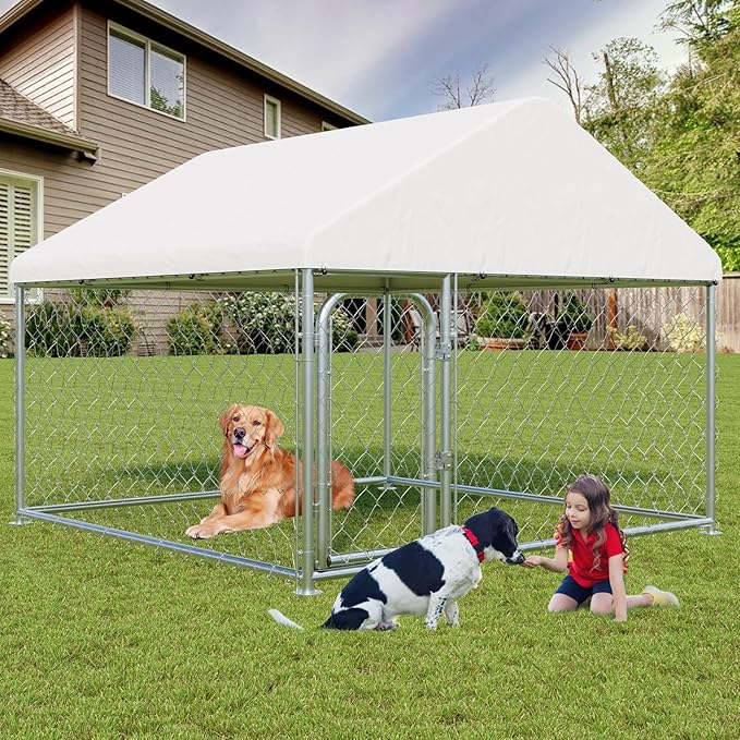 LotFun Large Outdoor Dog Kennel, 10 x 10 FT Heavy Duty Dog Enclosure with Chain Link Fence, UV-Resistant Canopy Cover, Double Lock Security (6 x 6 x 5 in)