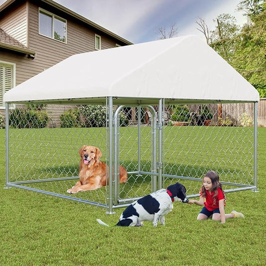 LotFun Large Outdoor Dog Kennel, 10 x 10 FT Heavy Duty Dog Enclosure with Chain Link Fence, UV-Resistant Canopy Cover, Double Lock Security (6 x 6 x 5 in)