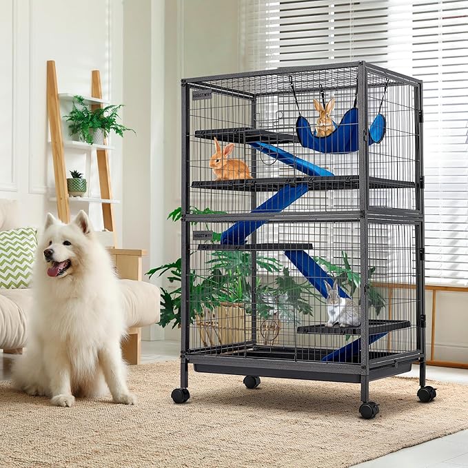 HABUTWAY 50''H Metal Small Animal Cages, Rolling Chinchilla Cage with Removable Ramps, Lagre Critter Nation Cage for Chinchillas/Guinea Pigs/Rabbit, Ferret Cages with Hammock & 5 Tiers, Black