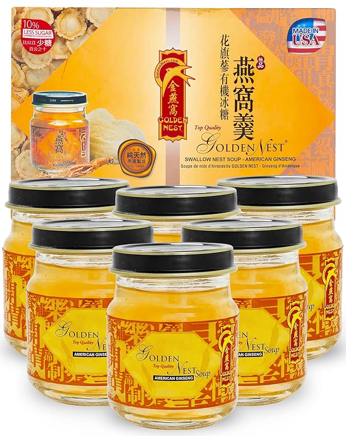 Golden Nest Premium Bird Nest Soup, Swallow Bird Nest 100% Natural - Made in USA, (燕窩) 6 bottles x 75ml (2.5 oz.) (1 box = 6 bottles x 75ml, Ginseng)