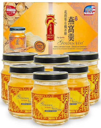Golden Nest Premium Bird Nest Soup, Swallow Bird Nest 100% Natural - Made in USA, (燕窩) 6 bottles x 75ml (2.5 oz.) (1 box = 6 bottles x 75ml, Ginseng)