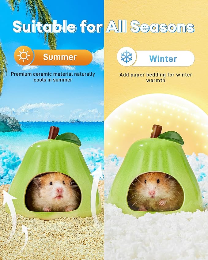 BUCATSTATE Hamster Hideout Ceramic, Pear Shape Hamster House and Habitats Cool Bed, Ideal for All Season Dwarf Hamster, Gerbil, Mice, Golden Bear (Green-Large)