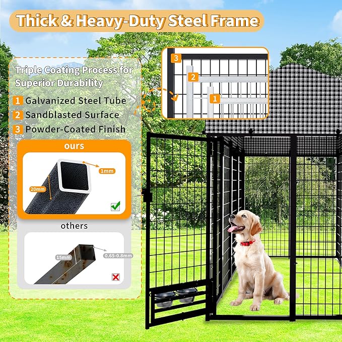 Large Dog Kennel Outside with Roof, Heavy-Duty Indoor Outdoor Dog Run Dog Enclosure with Removable Cover, Dog Pens Outside Playpen with Latch-Lock & Swivel Feeding Door, 4x8x6 Ft