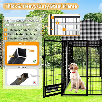 Large Dog Kennel Outside with Roof, Heavy-Duty Indoor Outdoor Dog Run Dog Enclosure with Removable Cover, Dog Pens Outside Playpen with Latch-Lock & Swivel Feeding Door, 4x8x6 Ft