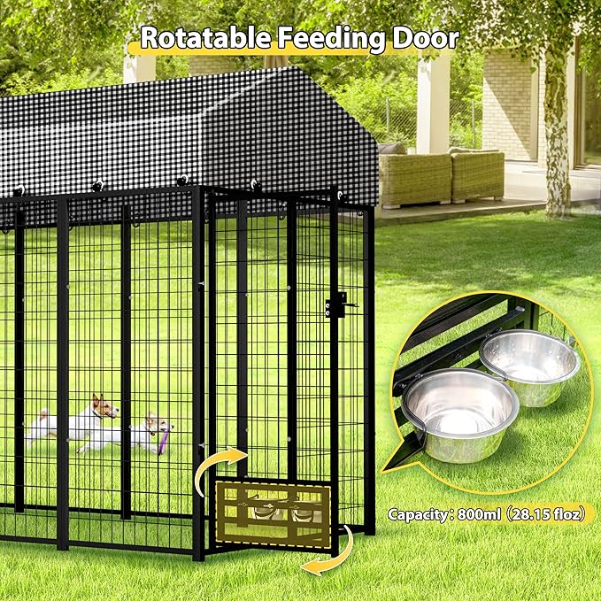 Large Outside Dog Kennel, Outdoor Dog Run Enclosure 8'x4'x6' Dog Pen House with Roof Cover Heavy Duty Welded Wire Steel Dog Playpen Animal Fence with Feeding Door