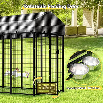 Large Outside Dog Kennel, Outdoor Dog Run Enclosure 8'x4'x6' Dog Pen House with Roof Cover Heavy Duty Welded Wire Steel Dog Playpen Animal Fence with Feeding Door