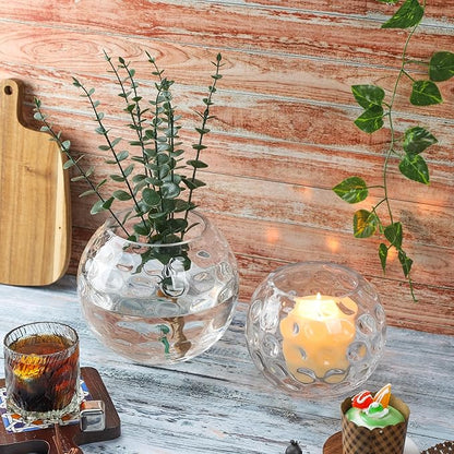 7.5" Dia Handmade Sturdy Dimpled Bubble Glass Vases, Bubble Planter Terrarium, Bud Vase, Fish Bowl Hurricane, Globe Flower Vase, Hurricane Candle Holder (7.5"x6.3", Bowl)