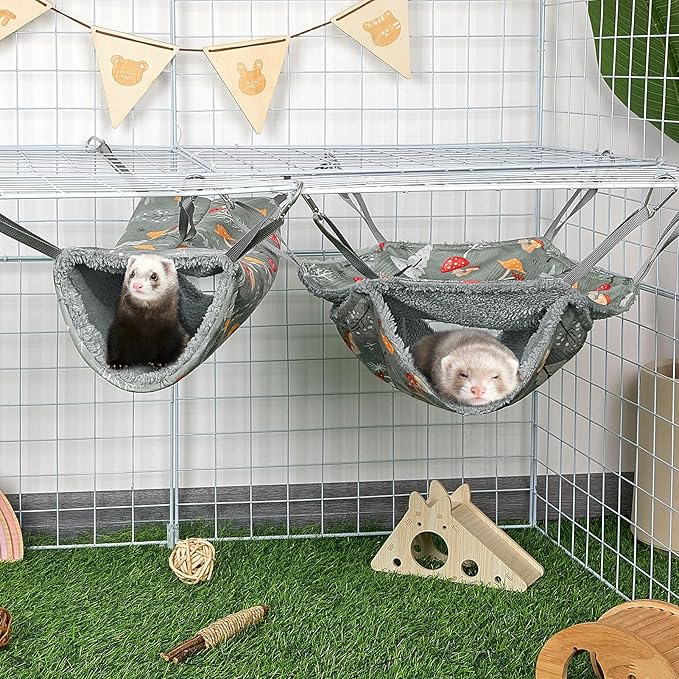 Bienbee 2 Pcs Ferret Rat Hammock Set for Cage Washable Guinea Pig Hideout Bed Soft Small Animal Hammock Tunnel Toys Ferret Cage Accessories for Hedgehog Sugar Glider Squirrel Hamster, Grey Mushroom