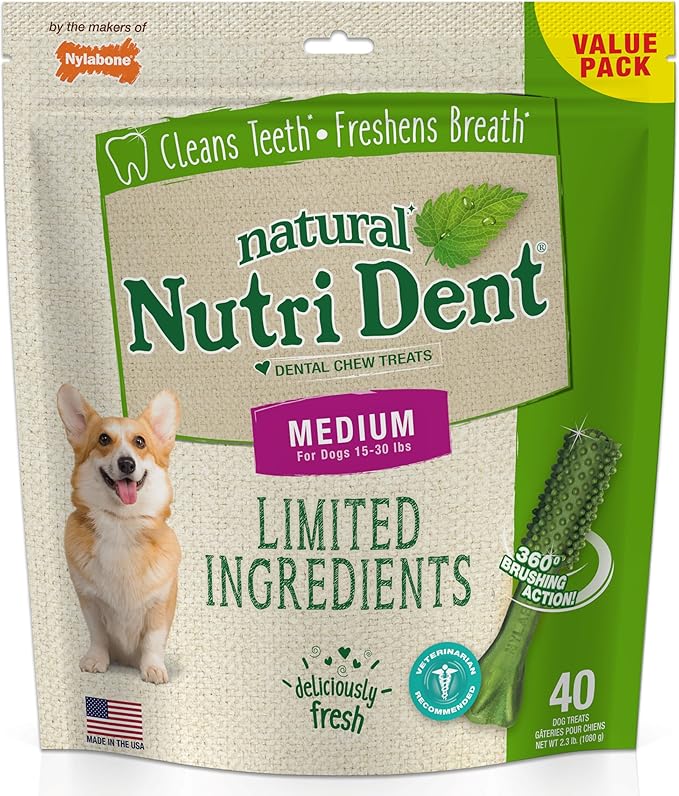 Nylabone Nutri Dent Dog Dental Treats - Natural Dog Teeth Cleaning & Breath Freshener - Dental Treats for Dogs - Fresh Breath Flavor, Medium (40 Count)