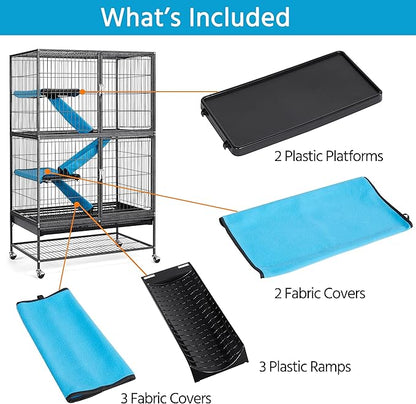 Yaheetech 54'' Rolling Ferret Cage Large 4-Tiers Chinchilla Cage Small Animal Cage for Adult Rats/Guinea Pigs/Chinchilla/Sugar Glider w/ 2 Removable Ramps/Hammock, Black