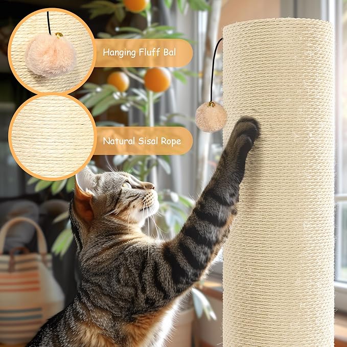 KAMABOKO 29.5" Cat Scratching Post, 7.5" Ultra-Large Diameter Natural Sisal Cat Scratch Post, Scratch-Resistant Tall Cat Scratcher for Indoor Cats, Protect Your Furniture, Beige, Pack of 2