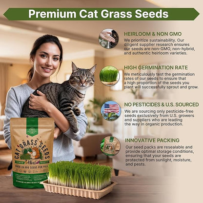 Organo Republic Cat Grass Seeds Mix - 20,800 Non-GMO Heirloom Seeds for Cats & Pets, 16 oz Pack for Growing Fresh Barley, Oat, Rye & Wheat Grass Seeds for Planting, Indoor Plants, Hairball Remedy