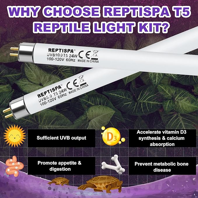 5.0 UVB Light for Reptiles, T5 HO 24 Watt Reptile Lamp Tube, Pack of 2 Fluorescent UVB Bulb, Basking Light for Bearded Dragon, Simulate Natural Sunlight for Reptiles and Amphibians