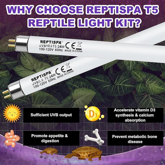 10.0 UVB Light for Reptiles, T5 HO 24 Watt Reptile Lamp Tube, Pack of 2 Fluorescent UVB Bulb, Basking Light for Bearded Dragon, Simulate Natural Sunlight for Reptiles and Amphibians