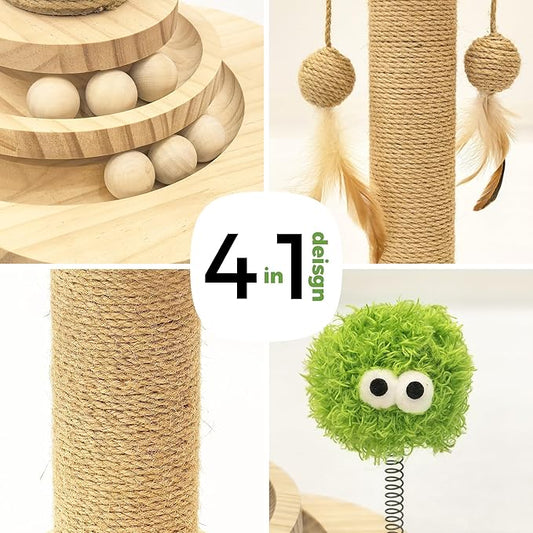 TINYBEAST Wooden Cat Scratching Post, 4 in 1 Cat Scratcher Toy with Cat Ball Tracks, 18" Tall Sisal Scratch Post for Indoor Kittens Adult Cats, Interactive Feather Toy and 2 Sisal Hanging Balls
