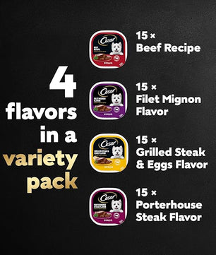 Cesar Wet Dog Food Classic Loaf in Sauce Filet Mignon Flavor, Porterhouse Steak Flavor, Grilled Steak & Eggs Flavor, and Beef Recipe Variety Pack 3.5 oz. Easy Peel Trays (60 Count)